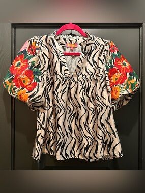 THML Black & White Zebra Print Top with Colorful Floral Embroidered Puff Sleeves